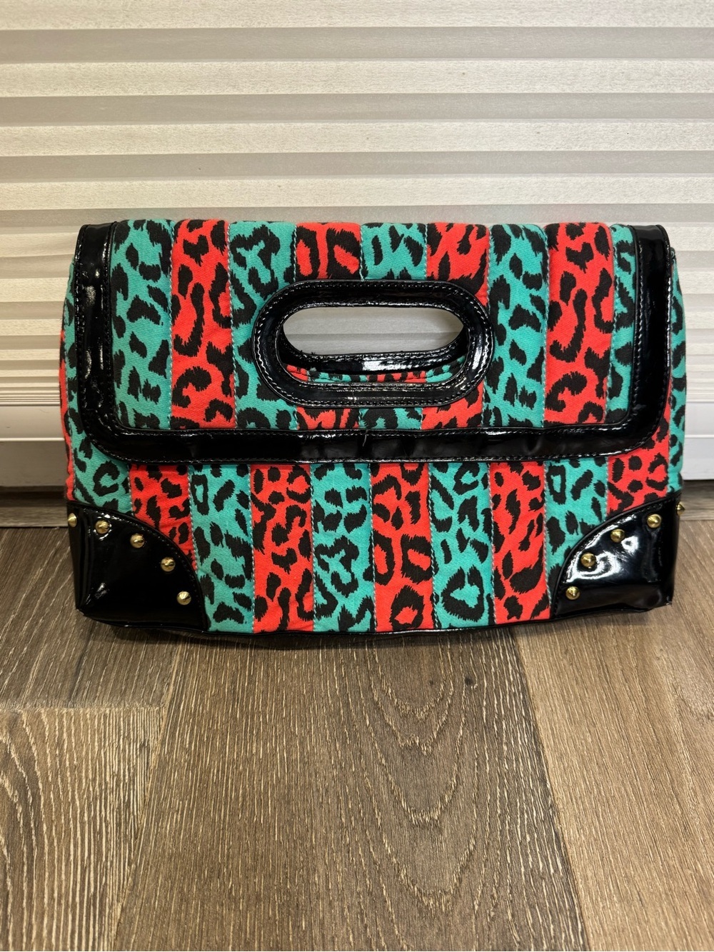 Betsyville by Betsy Johnson Red and Teal Leopard Print Clutch w/Patent Trim
